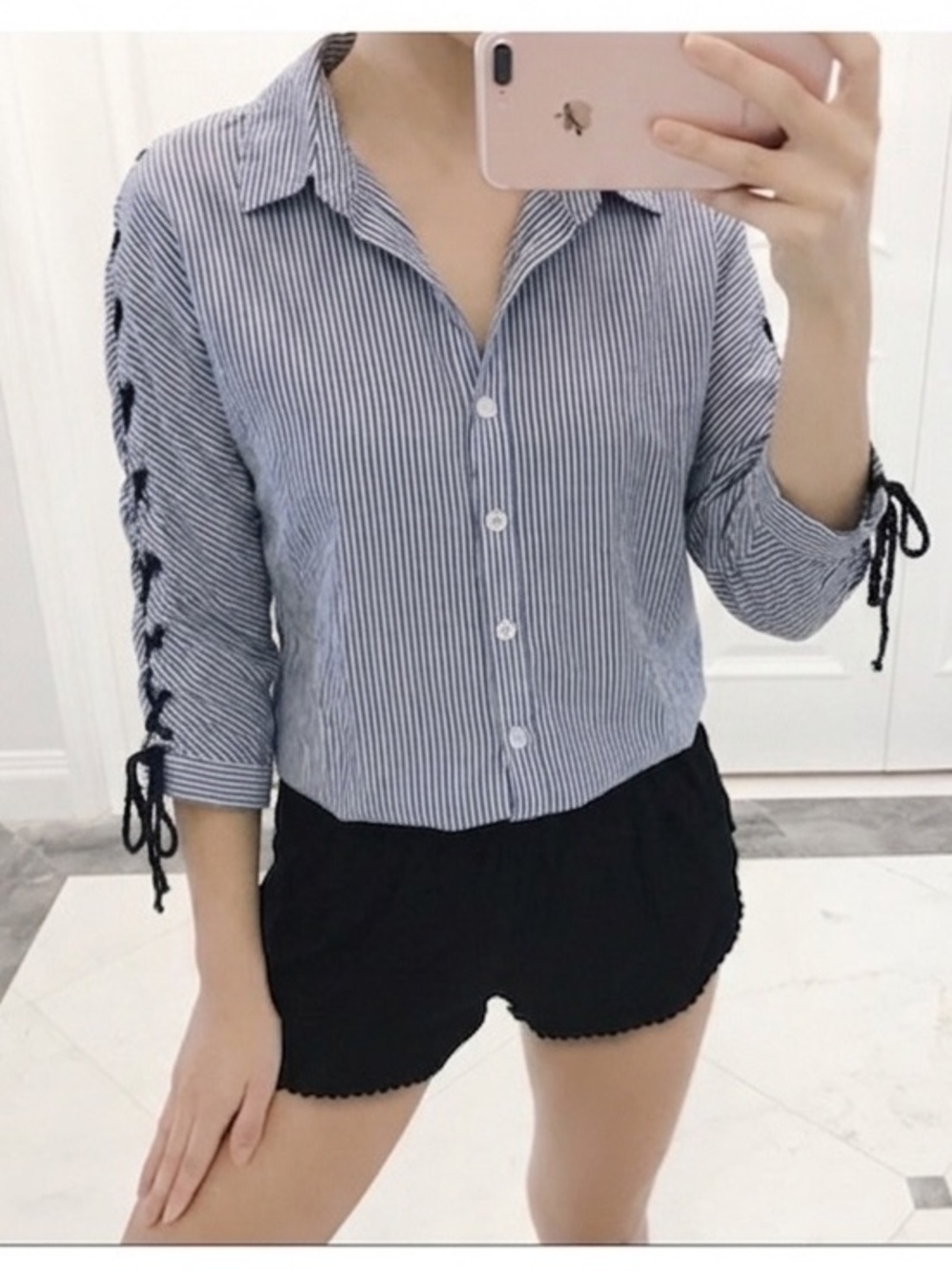 Striped Button-Down Shirt with Lace-Up Sleeves - Blue/White